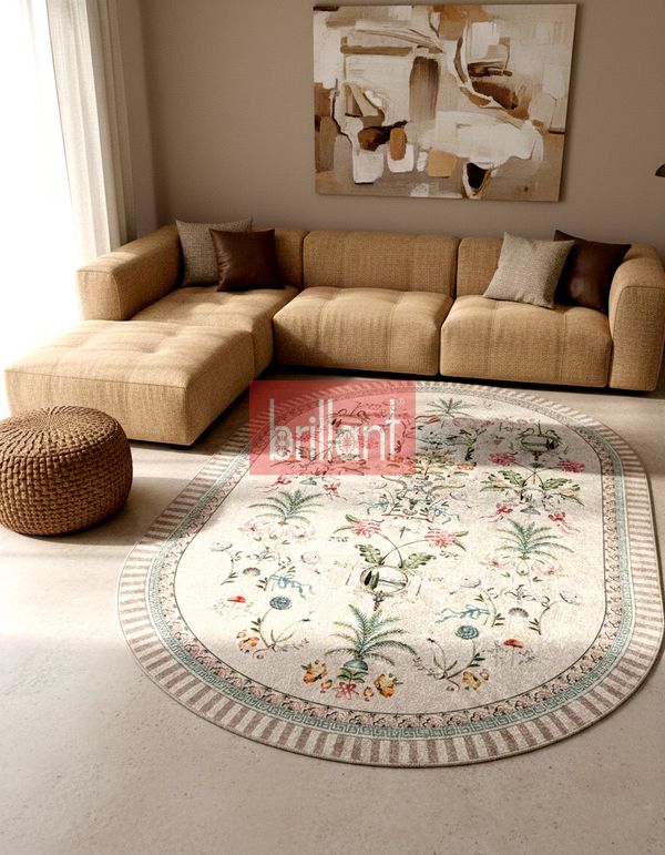 (bej-oval) Bej Rengi Çiçekli Kuş Desenli Lateks Deri Taban Halı - 3