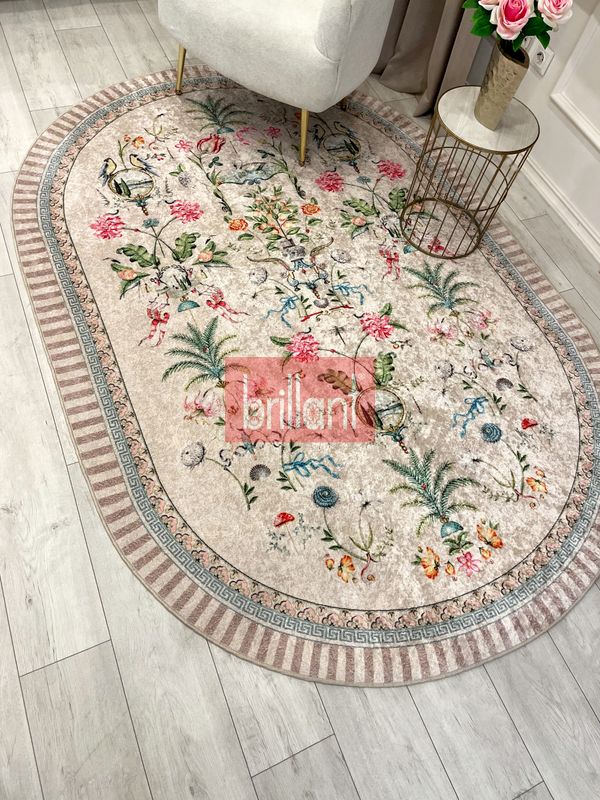 (bej-oval) Bej Rengi Çiçekli Kuş Desenli Lateks Deri Taban Halı - 4