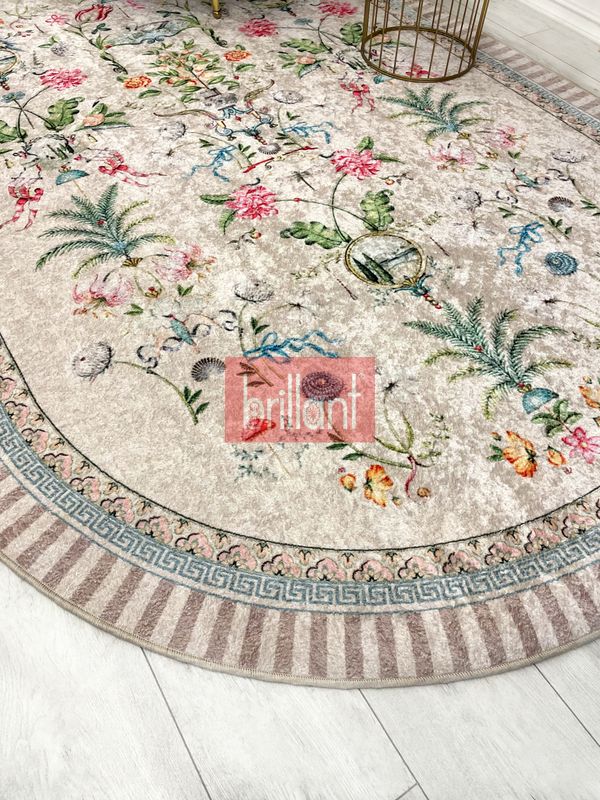 (bej-oval) Bej Rengi Çiçekli Kuş Desenli Lateks Deri Taban Halı - 5