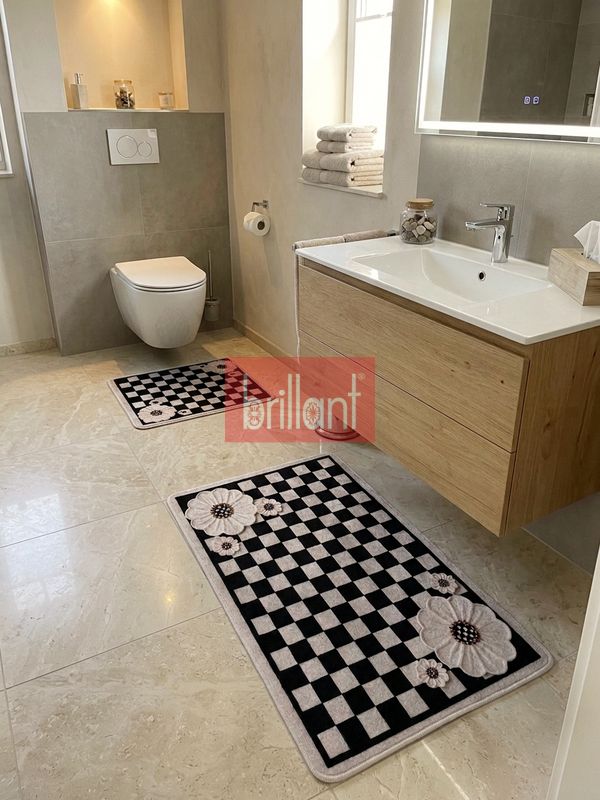 (bej) Damalı Çiçek Desenli Lateks Taban 2'li Banyo Paspası  (60x100-60x50) - 2