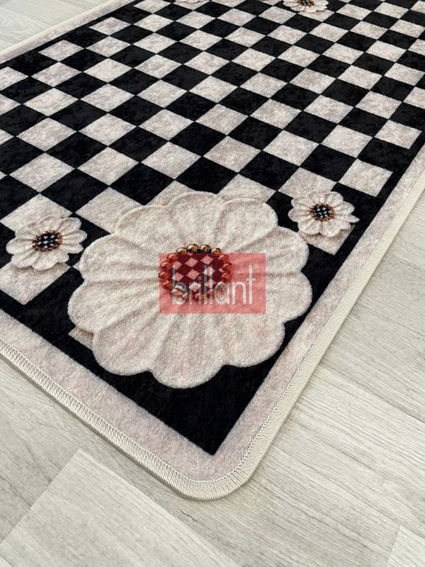 (bej) Damalı Çiçek Desenli Lateks Taban 2'li Banyo Paspası  (60x100-60x50) - 3