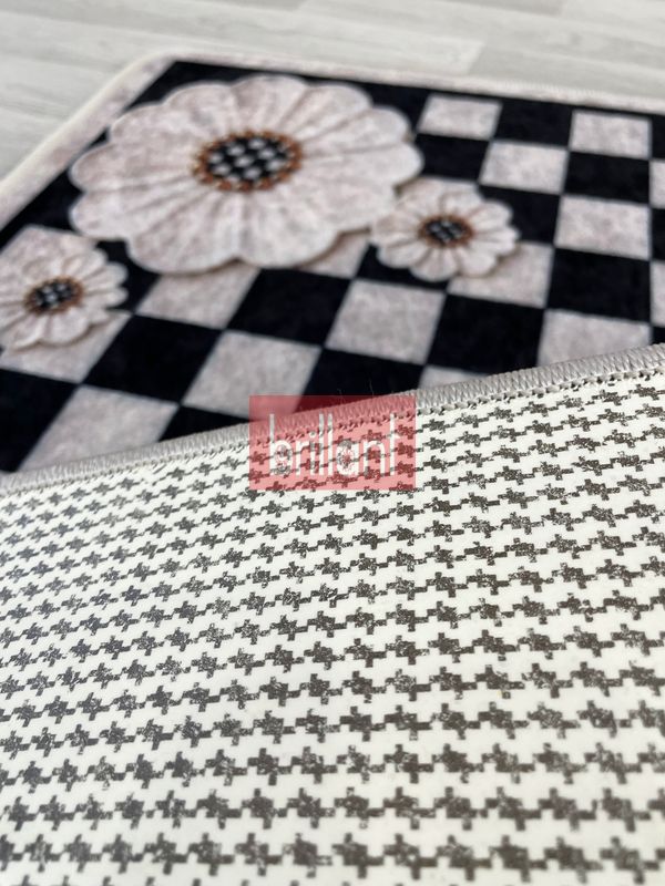 (bej) Damalı Çiçek Desenli Lateks Taban 2'li Banyo Paspası  (60x100-60x50) - 4