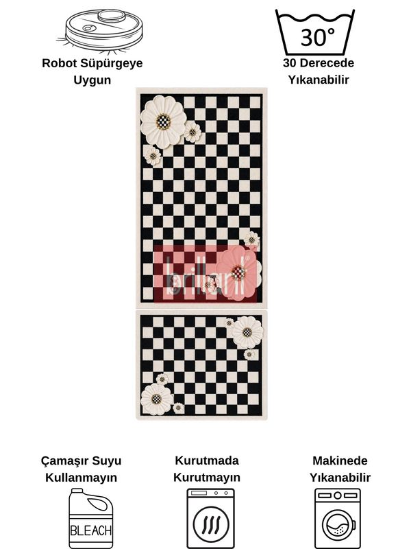 (bej) Damalı Çiçek Desenli Lateks Taban 2'li Banyo Paspası  (60x100-60x50) - 5