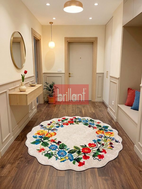 (krem) Floral Çiçek Desenli Dalgalı Kesim Lateks Taban Antre Mutfak Halısı - 2