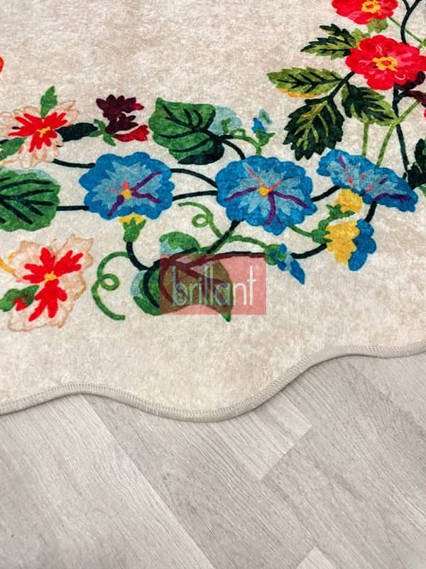 (krem) Floral Çiçek Desenli Dalgalı Kesim Lateks Taban Antre Mutfak Halısı - 4