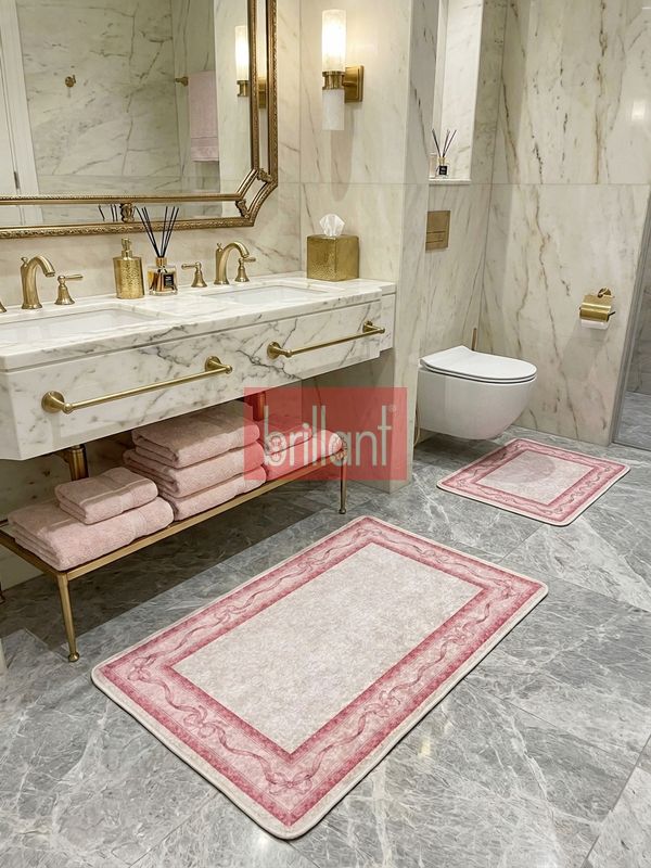 (ekru) 2'li Fiyonklu Bordürlü  Lateks Taban Banyo Paspası (60x100-60x50) - 2