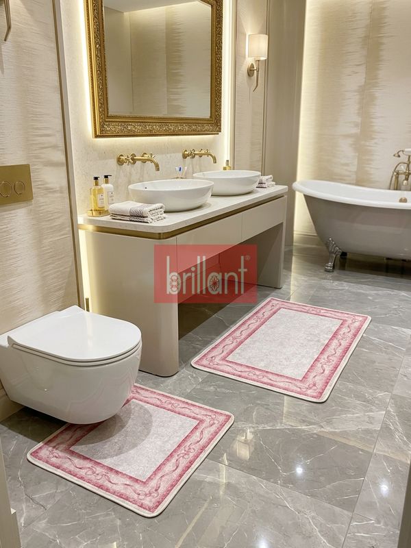 (ekru) 2'li Fiyonklu Bordürlü  Lateks Taban Banyo Paspası (60x100-60x50) - 3