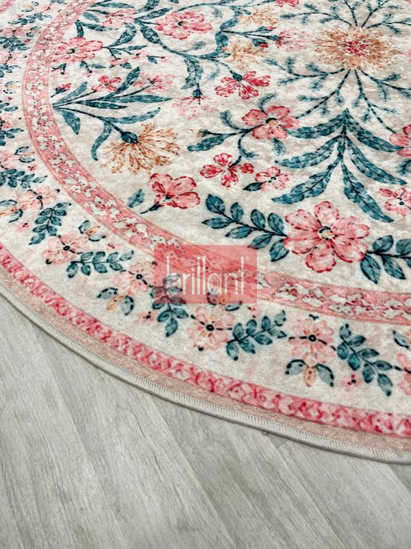 (krem) Çiçek Desenli Lateks Taban Halı - 4