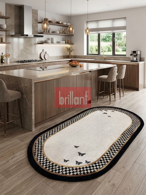 (bej) Damalı Ve Kelebek Desenli Lateks Taban Salon Antre Halısı - 2