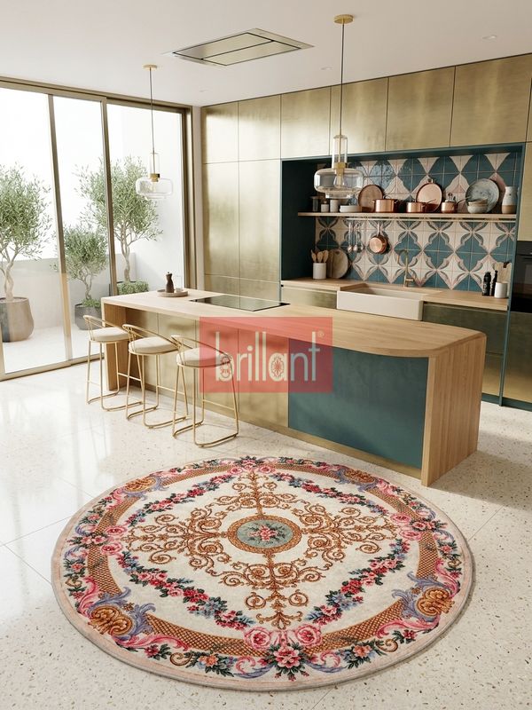 (bej) Çiçek Desenli Lateks Taban Halı - 3