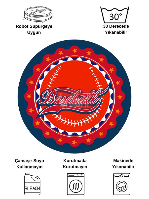 (kirmizi) Baseball Lateks Taban Kırmızı-Lacivert Renk Çocuk-Genç Odası Halısı - 6