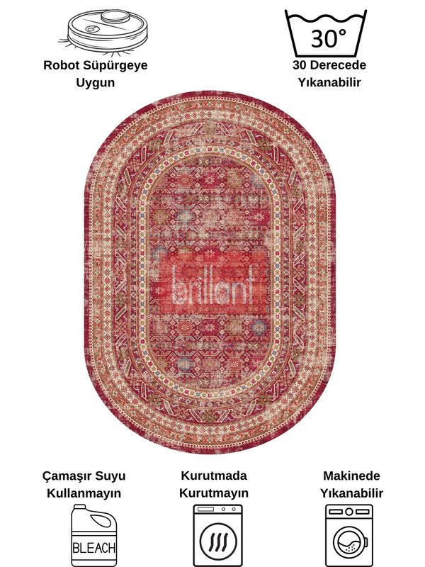 (kirmizi) Klasik Desen Etnik Model Lateks Taban Salon Yolluk Antre Halı - 6