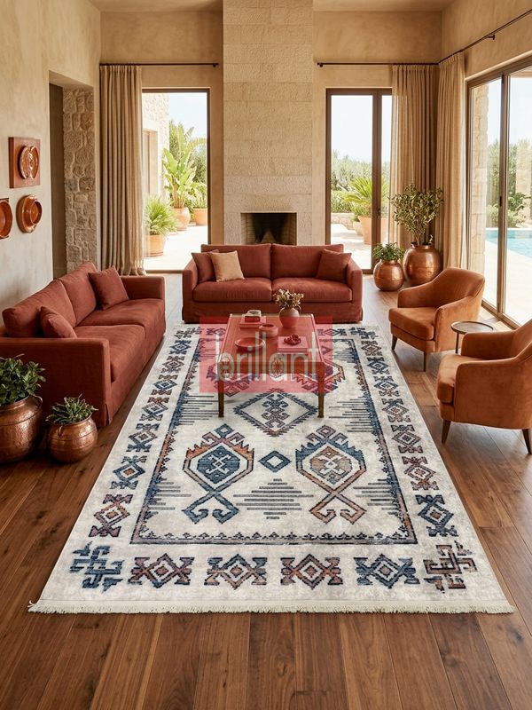 (bej) Etnik Desen Lateks Taban Salon Antre Halı - 2