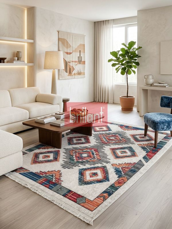 (bej) Etnik Desen Lateks Taban Salon Antre Halı - 3