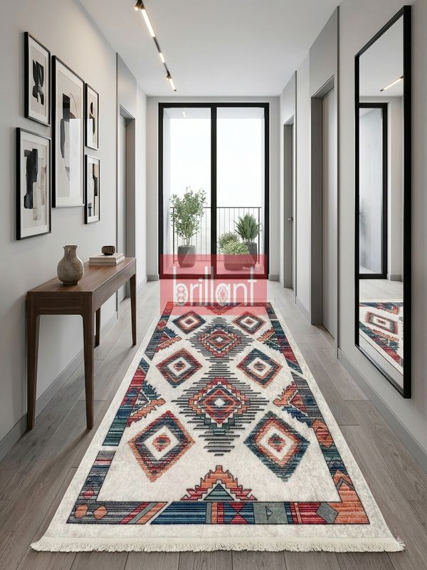 (bej) Etnik Desen Lateks Taban Salon Antre Halı - 4