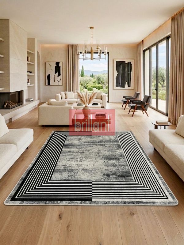 (antrasit) Çizgili Eskitme Desen Antrasit Renk Lateks Taban Salon ve Yolluk Antre Halı - 2