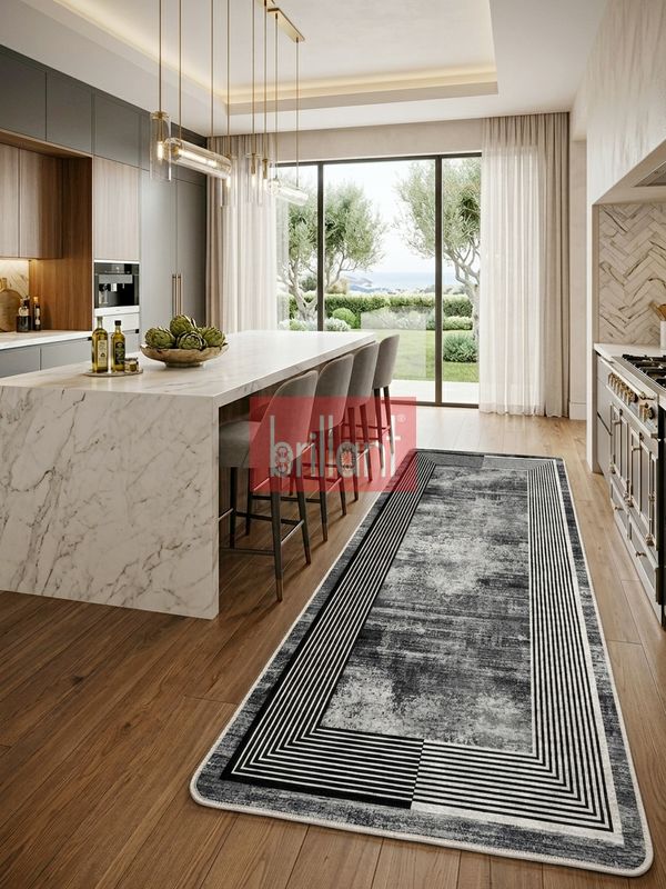(antrasit) Çizgili Eskitme Desen Antrasit Renk Lateks Taban Salon ve Yolluk Antre Halı - 4