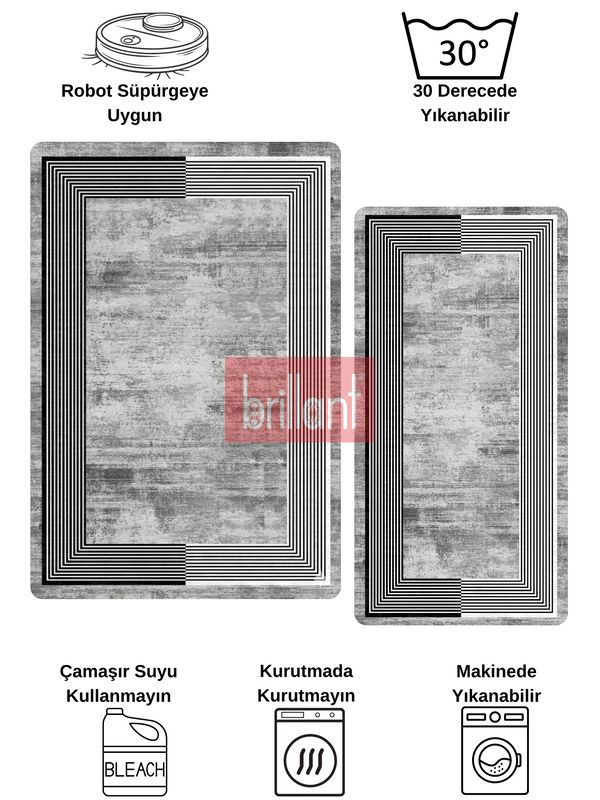 (antrasit) Çizgili Eskitme Desen Antrasit Renk Lateks Taban Salon ve Yolluk Antre Halı - 7