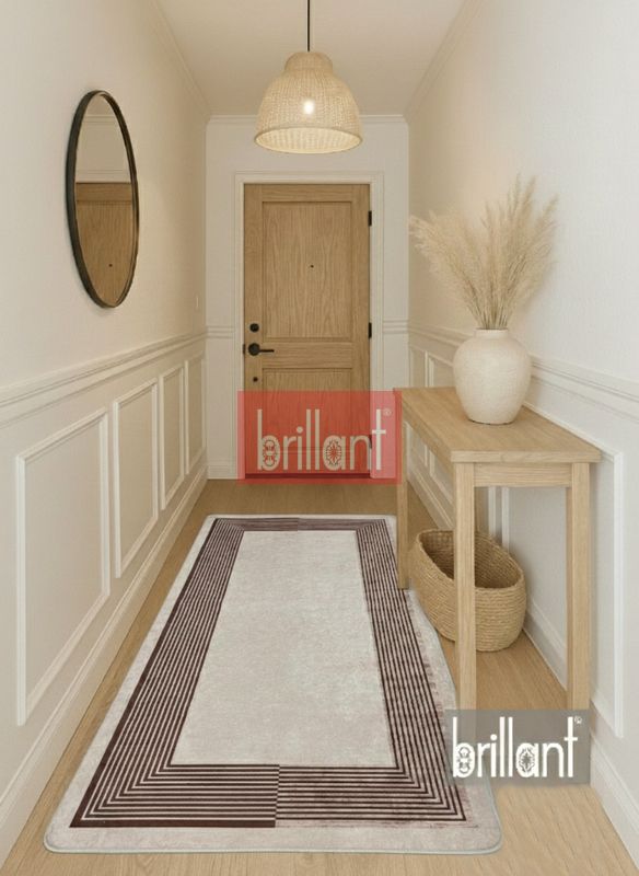(kahverengi) Modern Çizgili Bej Renk Lateks Taban Salon ve Yolluk Antre Halı - 2