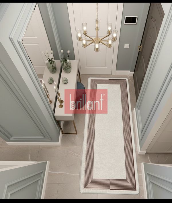 (kahverengi) Modern Çizgili Bej Renk Lateks Taban Salon ve Yolluk Antre Halı - 3