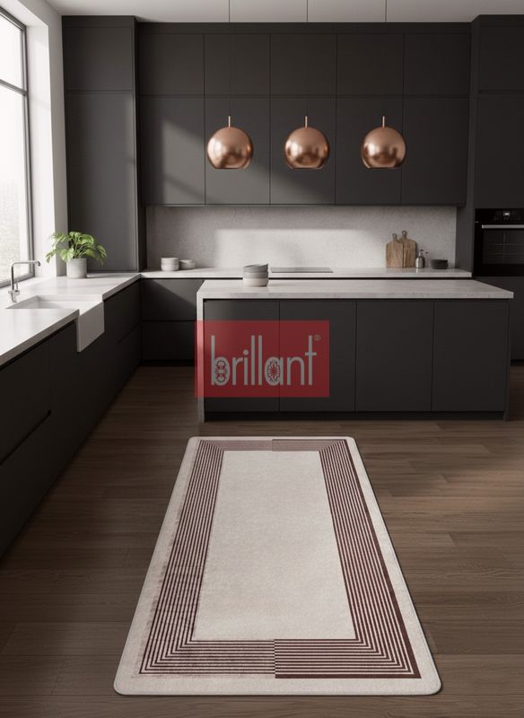 (kahverengi) Modern Çizgili Bej Renk Lateks Taban Salon ve Yolluk Antre Halı - 4