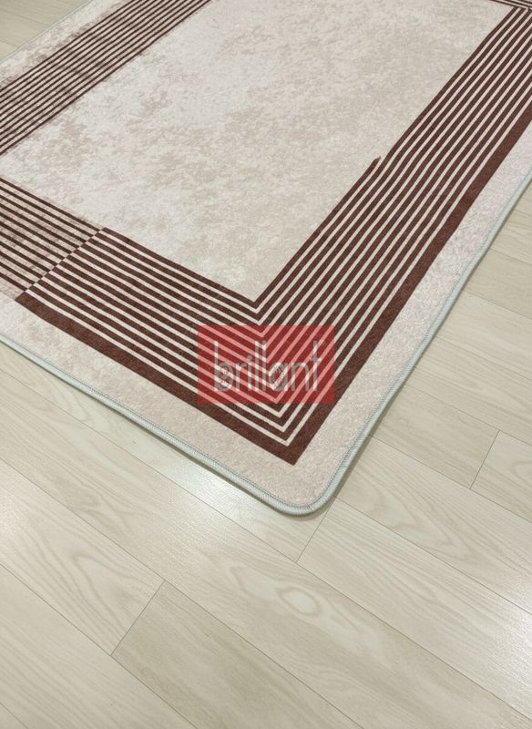 (kahverengi) Modern Çizgili Bej Renk Lateks Taban Salon ve Yolluk Antre Halı - 5