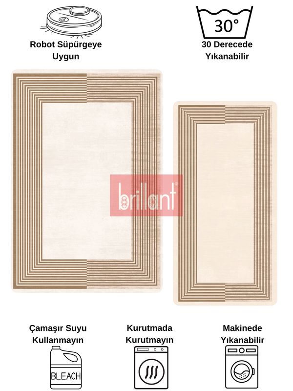 (kahverengi) Modern Çizgili Bej Renk Lateks Taban Salon ve Yolluk Antre Halı - 7