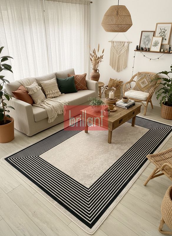 (siyah) Modern Çizgili Bej-Siyah Renk Lateks Taban Salon ve Yolluk Antre Halı - 2