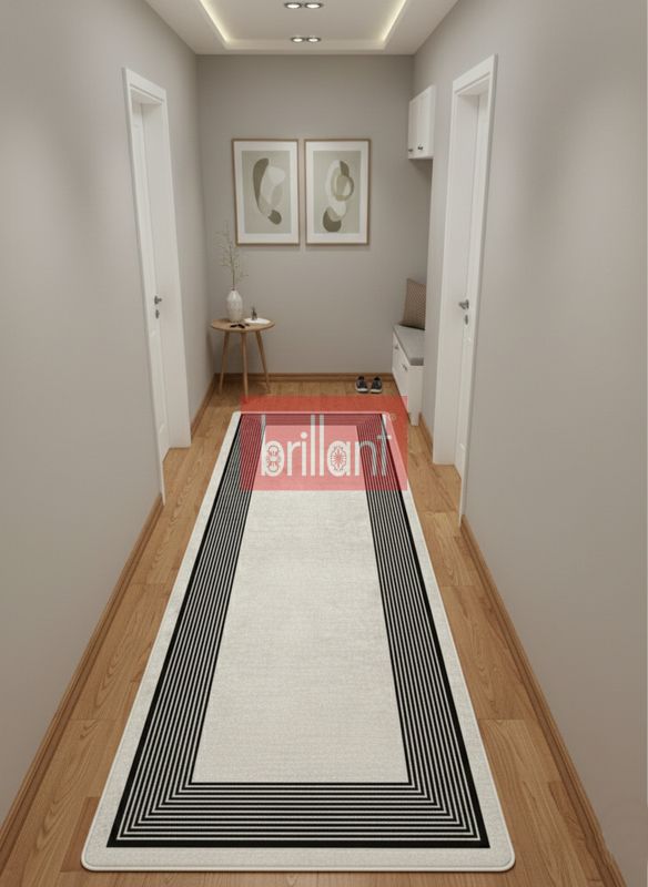 (siyah) Modern Çizgili Bej-Siyah Renk Lateks Taban Salon ve Yolluk Antre Halı - 3