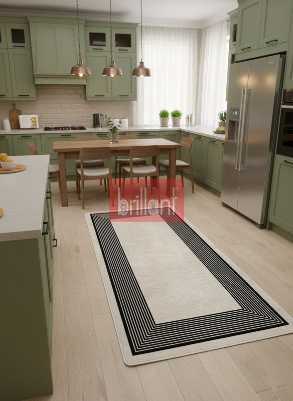 (siyah) Modern Çizgili Bej-Siyah Renk Lateks Taban Salon ve Yolluk Antre Halı - 4