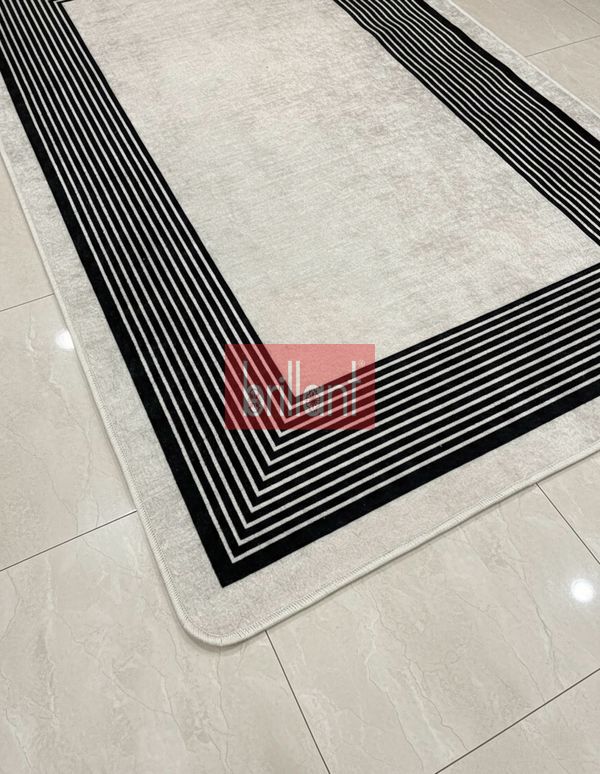 (siyah) Modern Çizgili Bej-Siyah Renk Lateks Taban Salon ve Yolluk Antre Halı - 5