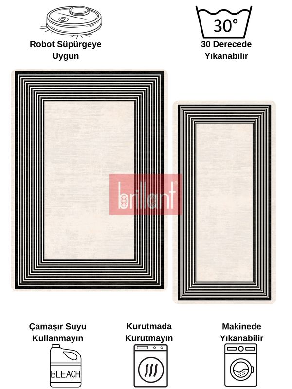 (siyah) Modern Çizgili Bej-Siyah Renk Lateks Taban Salon ve Yolluk Antre Halı - 7