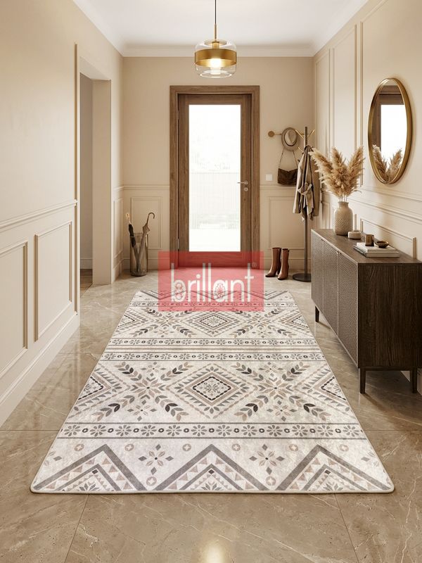(bej) Etnik Desen Lateks Taban Salon Antre Halı - 3