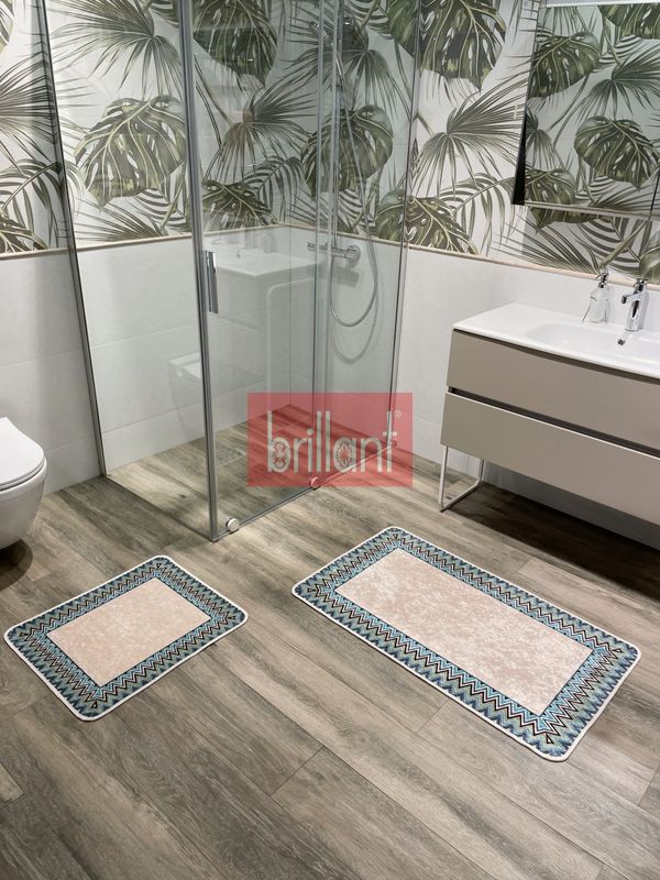 (mint-yesili) Mint Yeşil - Zigzag Desenli Deri Taban 2 li Banyo Paspas (60x100 - 60x50) - 2
