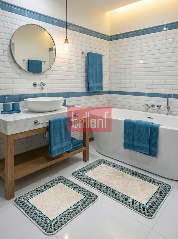 (mint-yesili) Mint Yeşil - Zigzag Desenli Deri Taban 2 li Banyo Paspas (60x100 - 60x50) - 3