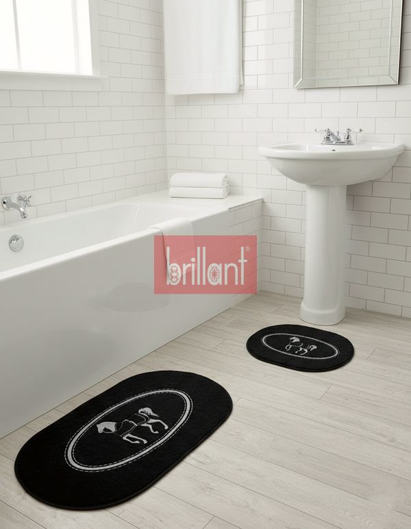 (siyah-oval) Siyah At Desen Horse Desenli 2'li Deri Taban Banyo Paspas (60x100 - 60x50) - 2