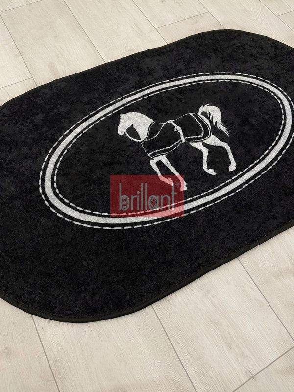 (siyah-oval) Siyah At Desen Horse Desenli 2'li Deri Taban Banyo Paspas (60x100 - 60x50) - 4
