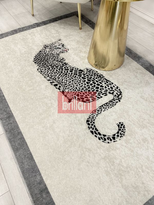 (krem) Leopar Desen Krem Gri Çerçeve Lateks Deri Taban Halı - 2