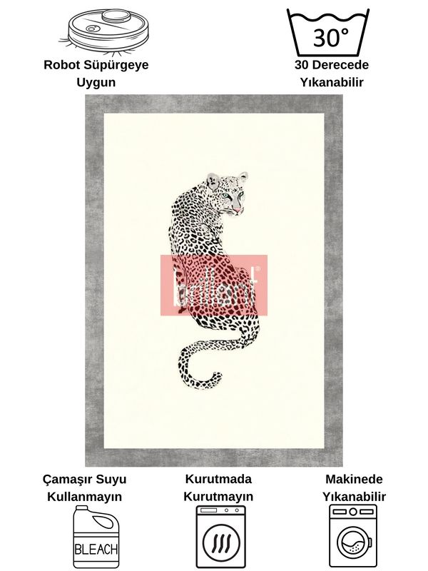 (krem) Leopar Desen Krem Gri Çerçeve Lateks Deri Taban Halı - 6