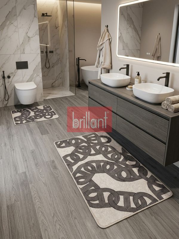 (bej) Zincir Desenli Lateks Taban 2'li Banyo Paspası (60x100-60x50) - 2
