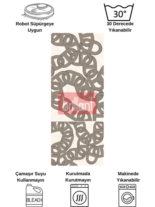 (bej) Zincir Desenli Lateks Taban 2'li Banyo Paspası (60x100-60x50) - 5