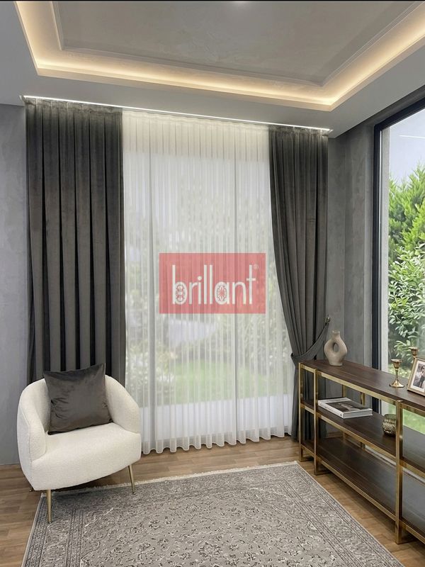 (ekru) Dikey Çizgili Zincir Desen Kırık Beyaz 1/3 Sık Pile Tül Perde - 3
