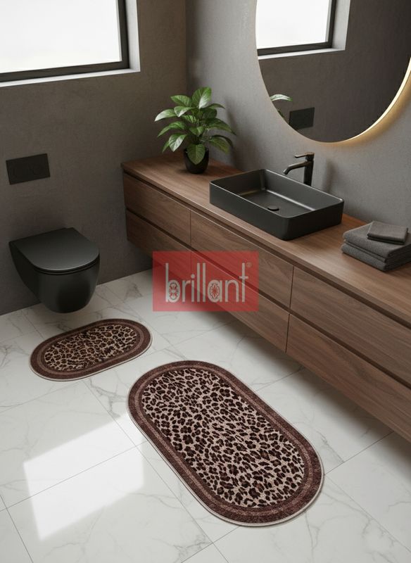(kahve-koseli) Lepoar Desenli 2 li  Deri Taban Banyo Paspas (60x100 - 60x50) - 2