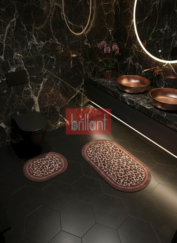 (kahve-koseli) Lepoar Desenli 2 li  Deri Taban Banyo Paspas (60x100 - 60x50) - 3
