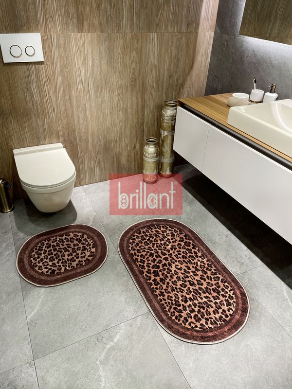 (kahve-koseli) Lepoar Desenli 2 li  Deri Taban Banyo Paspas (60x100 - 60x50) - 4