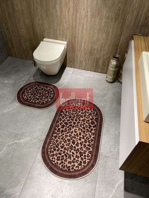 (kahve-koseli) Lepoar Desenli 2 li  Deri Taban Banyo Paspas (60x100 - 60x50) - 5