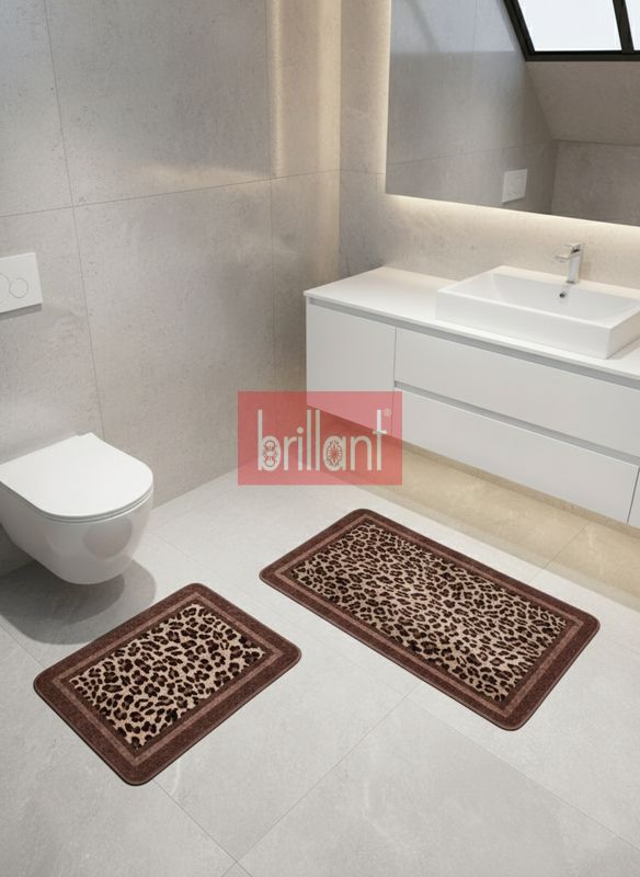 (kahve-oval) Lepoar Desenli 2 li  Deri Taban Oval Banyo Paspas (60x100 - 60x50) - 2