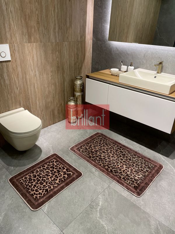 (kahve-oval) Lepoar Desenli 2 li  Deri Taban Oval Banyo Paspas (60x100 - 60x50) - 3