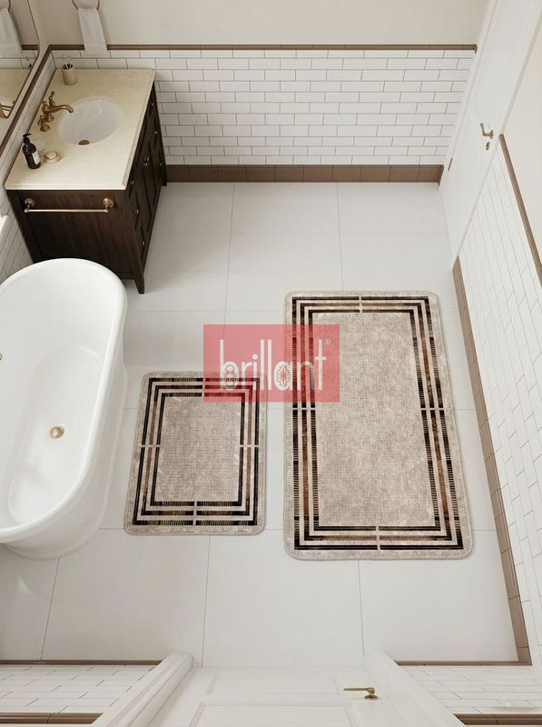 (bej) Bej Renk Çizgi Desenli 2 li  Deri Taban  Banyo Paspas (60x100 - 60x50) - 2