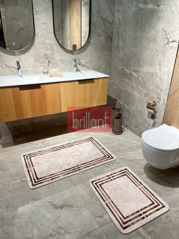 (bej) Bej Renk Çizgi Desenli 2 li  Deri Taban  Banyo Paspas (60x100 - 60x50) - 3